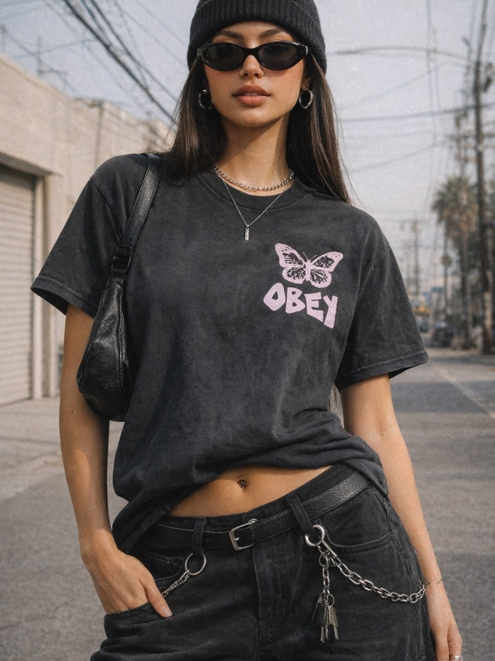 Obey Worldwide Black Butterfly Graphic Tee Size Medium